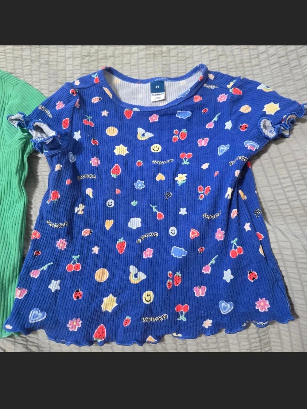 Old Navy Green Ribbed Tee & Blue Printed Short Sleeve Top - Girls